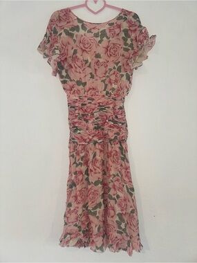 Albert Nipon 4 Vintage 1970’s Floral Print 100% Silk Chiffon Summer Midi Dress
